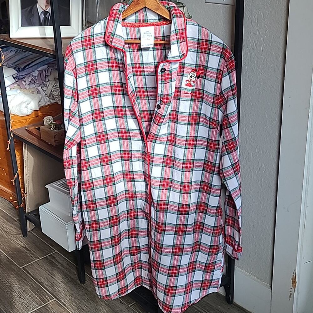 Women's‎ Disney (2L) Large Plaid Sleep Gown Embroidered Minnie POCKETS Christmas